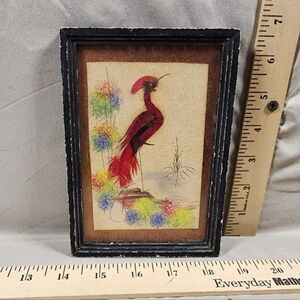 Antique Real Feather Art Red Bird Small Hand Mirror Great Shape